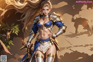 A woman with blonde hair and blue eyes holding a sword.