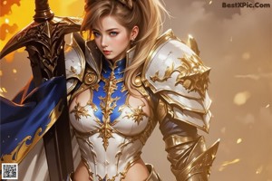 A woman in armor holding a sword in the sky.