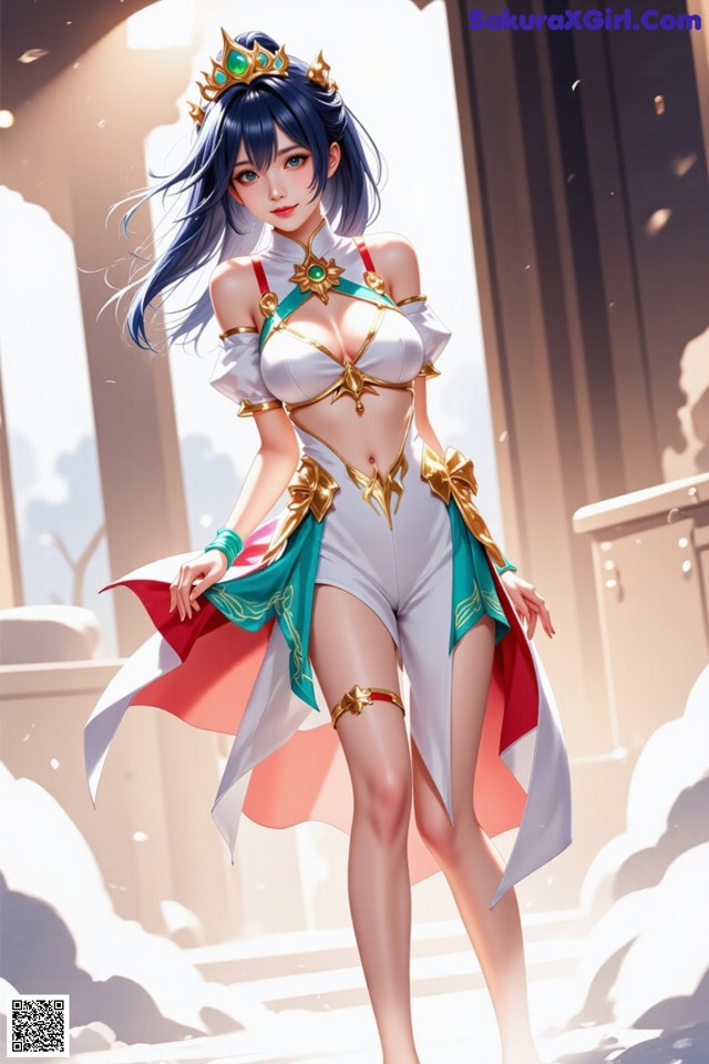 Hentai - Under the Radiance of Celestial Grace Set.1 20250106 Part 4 No.135991 A woman in a white and green outfit with a crown on her head.