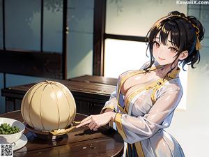 A woman in a white dress sitting on a wooden floor.