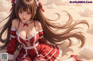 a woman in a red and white dress posing for a picture