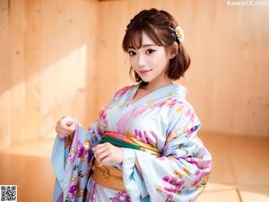 A woman in a kimono posing for a picture in a garden.
