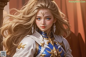 A woman in a white and blue outfit holding a sword.