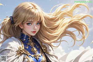 A woman with long blonde hair holding a sword.