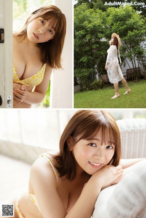 A woman in a yellow bikini laying on a bed.