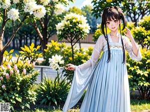 A woman in a white kimono standing in a park.