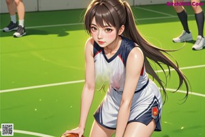 A woman in a green and orange uniform holding a basketball.