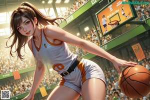 A woman in a basketball uniform dribbling a basketball on a court.