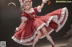 A woman in a red and white dress standing next to a wooden fence.