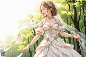 A woman in a wedding dress walking through a forest.