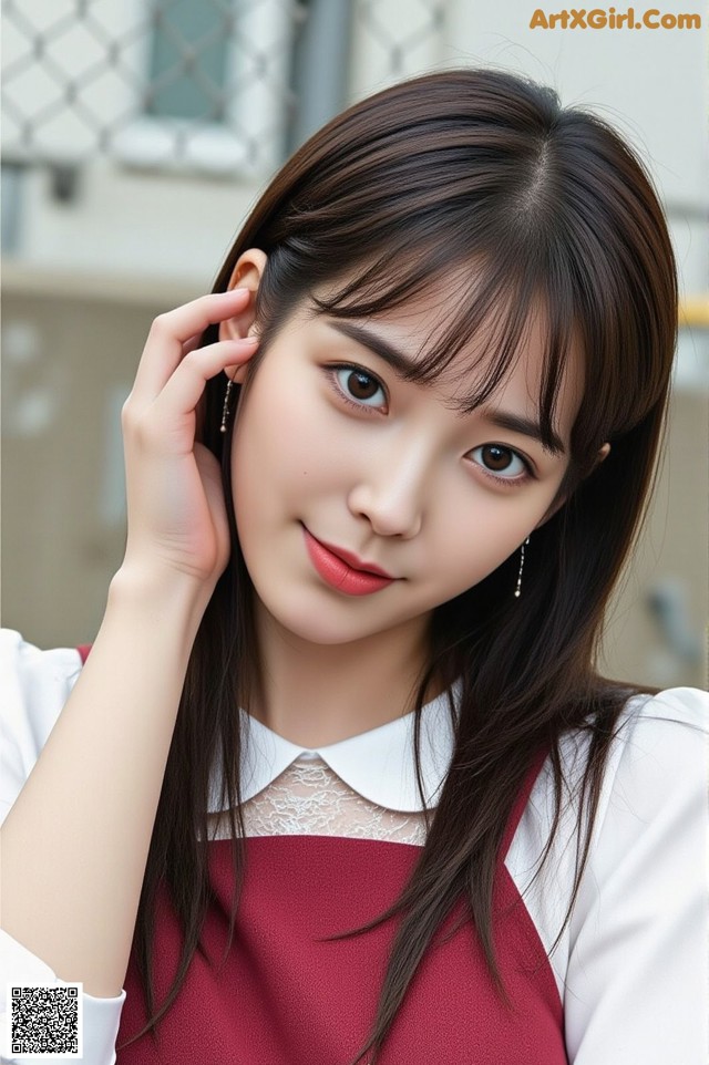 A woman with long brown hair wearing a white shirt and red dress.