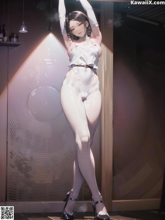 A woman in a white bodysuit is posing for a picture.