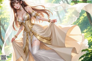A woman in a wedding dress is walking through the woods.