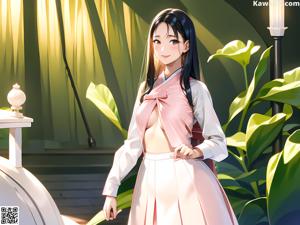 A woman in a white shirt and yellow skirt.