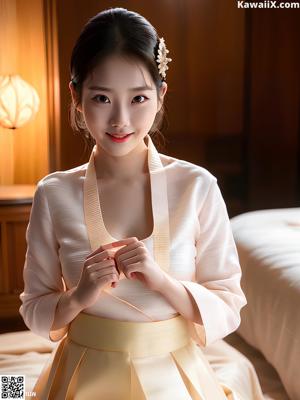 A woman in a blue and white hanbok poses for a picture.