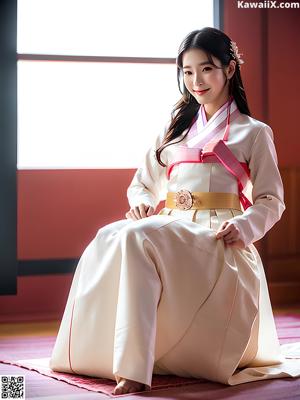 A woman in a blue and white hanbok poses for a picture.