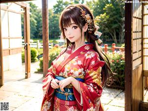 A woman in a blue kimono posing for the camera.
