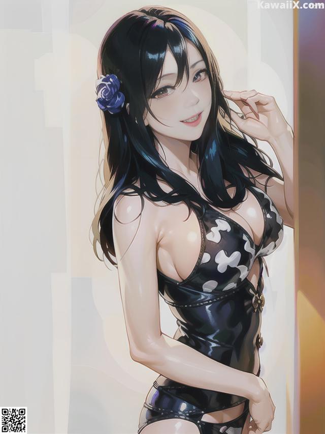 A woman in a black and white bathing suit with a flower in her hair.