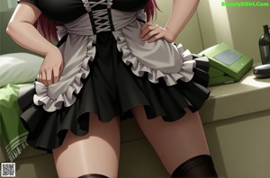 A woman in a maid outfit sitting on a window sill.