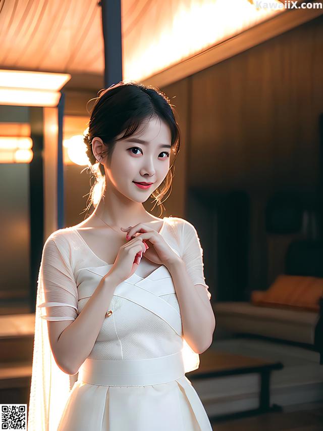 A woman in a white dress posing for a picture.