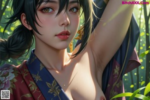 A naked woman in a kimono is standing in the woods.