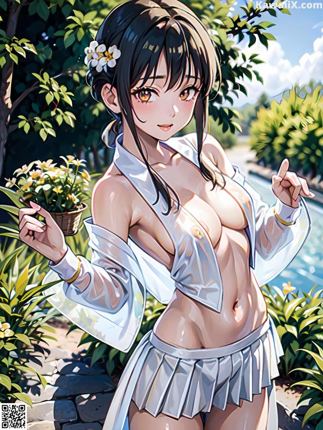 A woman in a white shirt and skirt holding a flower pot.