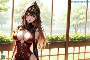 a nude anime girl with big tits posing in front of a window