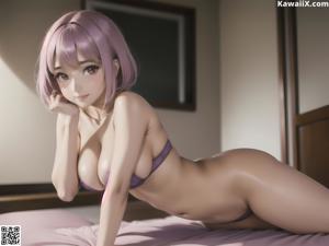 Anime girl with big tits posing naked on a bed.