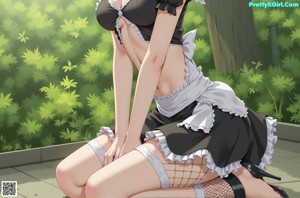 A woman in a maid outfit sitting on a bed.