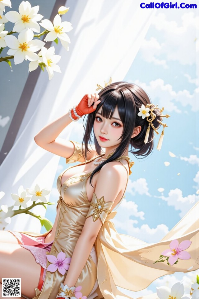 Hentai - The Frozen Elegance That Melts Starlight Set.1 20250104 Part 4 No.c54fa0 A woman in a gold dress sitting on a bed of flowers.