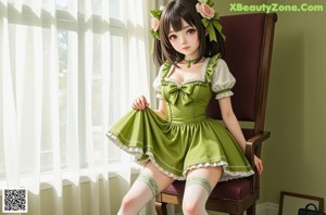 A woman in a green and white dress sitting on a wooden table.