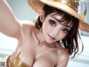 A woman in a white bikini and a straw hat.