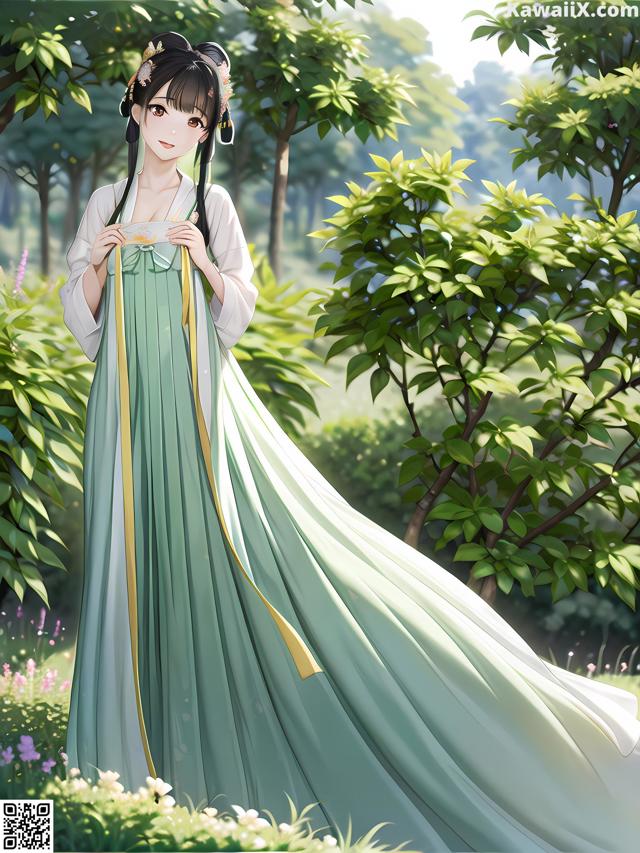 A woman in a long green dress standing in a garden.
