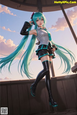 A woman with long green hair wearing a white dress and a green tie.