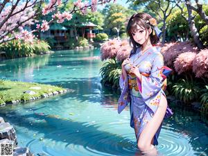 A woman in a purple kimono standing on a white surface.