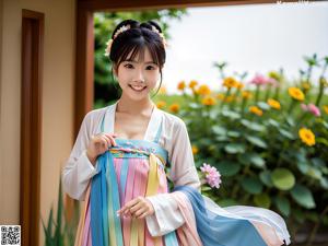 A woman in a white robe posing for a picture.