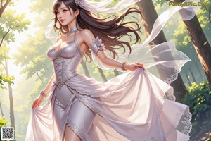 a woman in a wedding dress standing in the woods