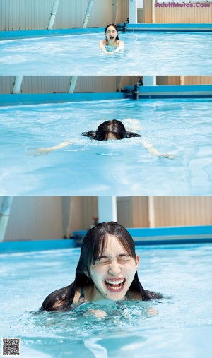 A woman in a swimming pool laughing and smiling.