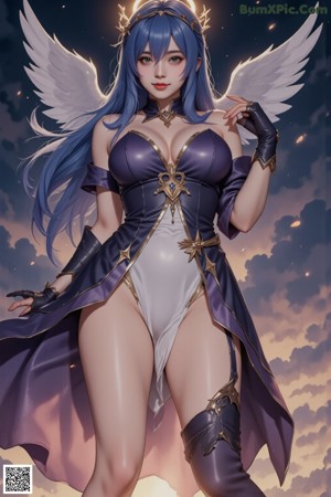 A woman dressed in a blue and white outfit with angel wings.