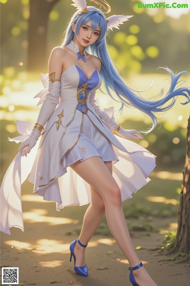 Hentai - Captivating Grace of the Cosmic Maiden Set.2 20250125 Part 5 No.b041b6 A woman in a white dress with blue hair and angel wings.