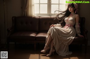 A woman in a blue dress sitting on a window sill.