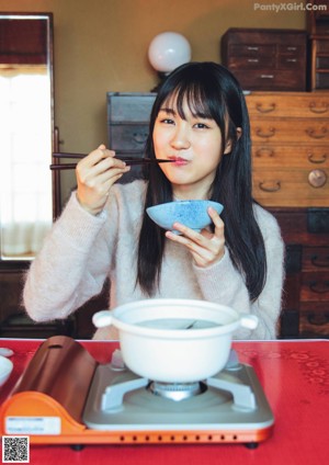 A collage of photos of a woman eating a bowl of food.