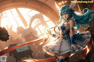A woman with blue hair wearing a white dress and a crown.