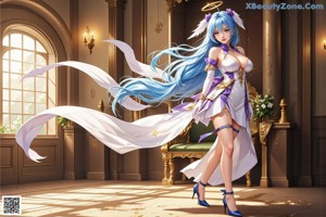 A woman with blue hair wearing a purple and gold outfit.