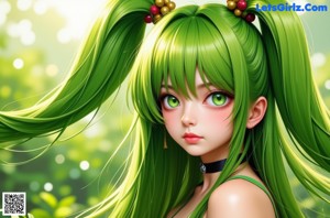A woman with long green hair in a green lingerie.