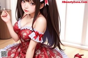 A girl with long brown hair wearing a red and white dress.